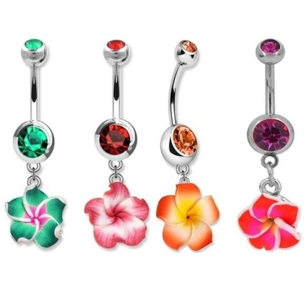 14G 316L Plumeria Flower Cubic Zirconia Belly Rings - Set of 4